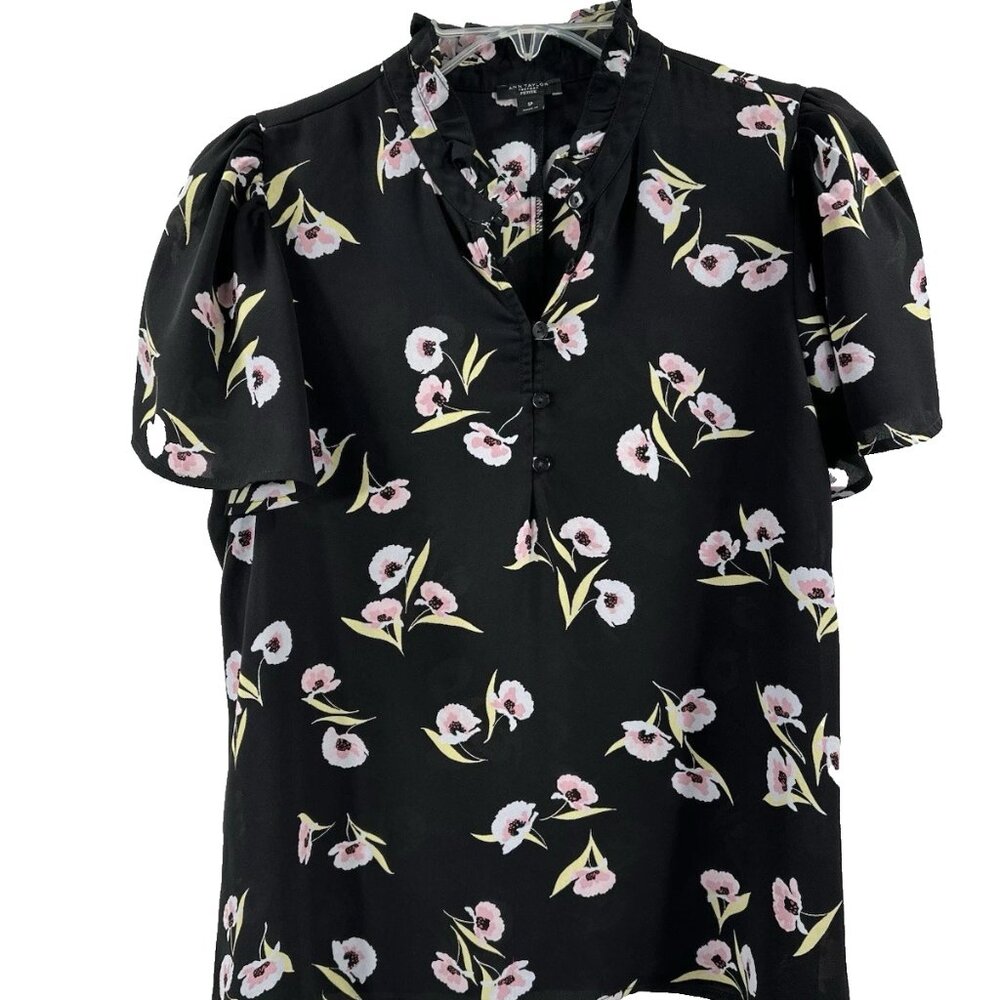 Ann Taylor Factory Petite Women's Blouse Black Pink Yellow Short Sleeve Size SP